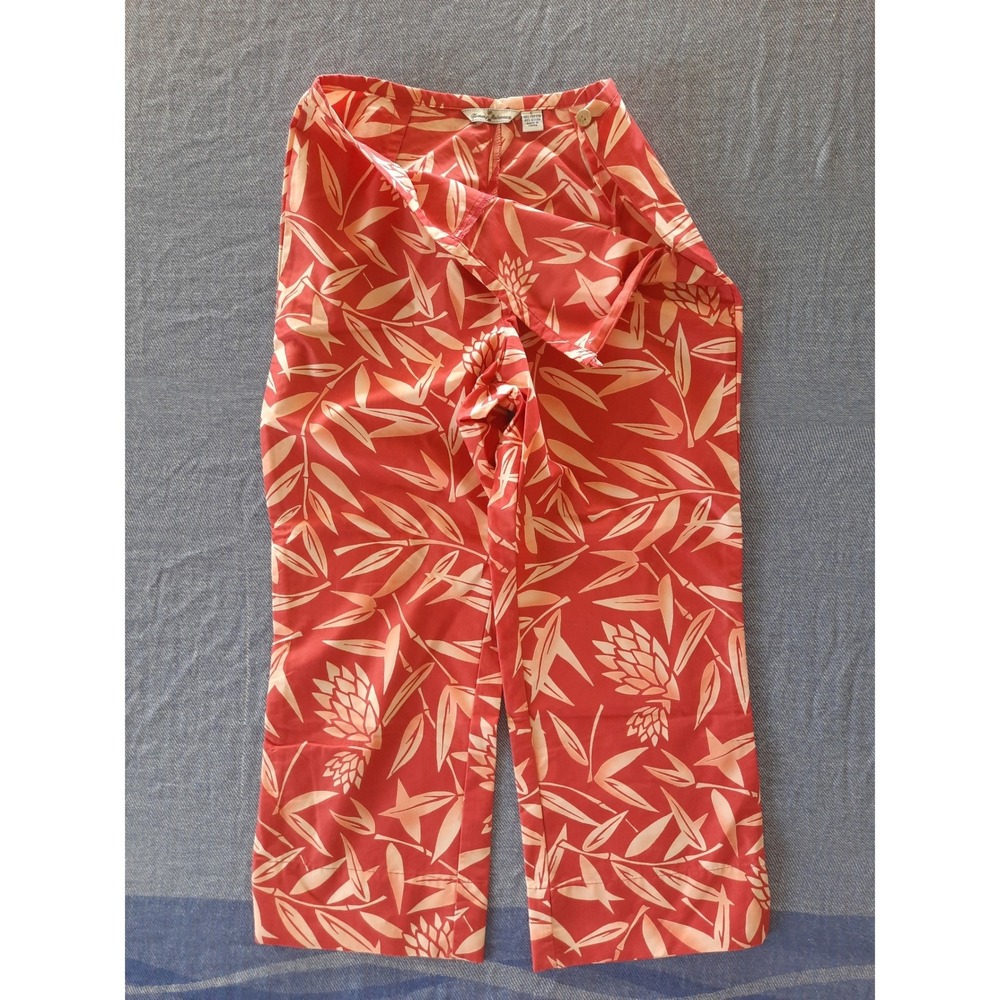 Tommy Bahama Red Tropical Leaf Print Wide Leg Crop Pants Womens 6 Side Zip